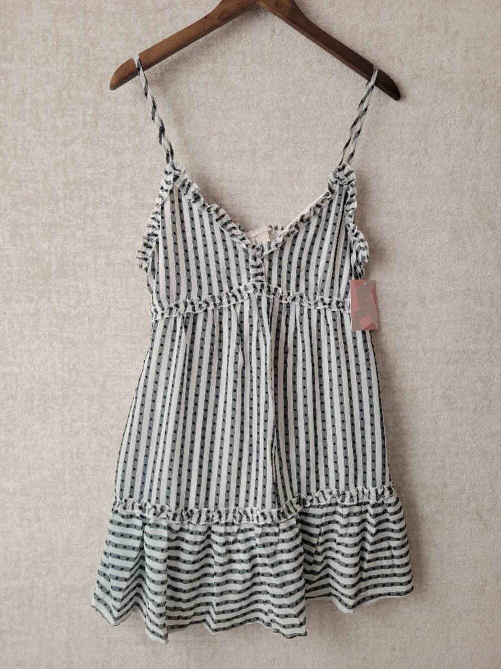 Inspired Hearts Swiss Dot Striped Cami Babydoll Dress Ruffle Trim Med Blk White